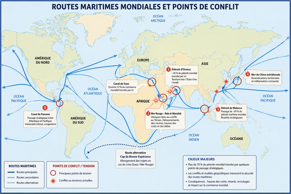 Routes maritimes mondiales et points de conflit