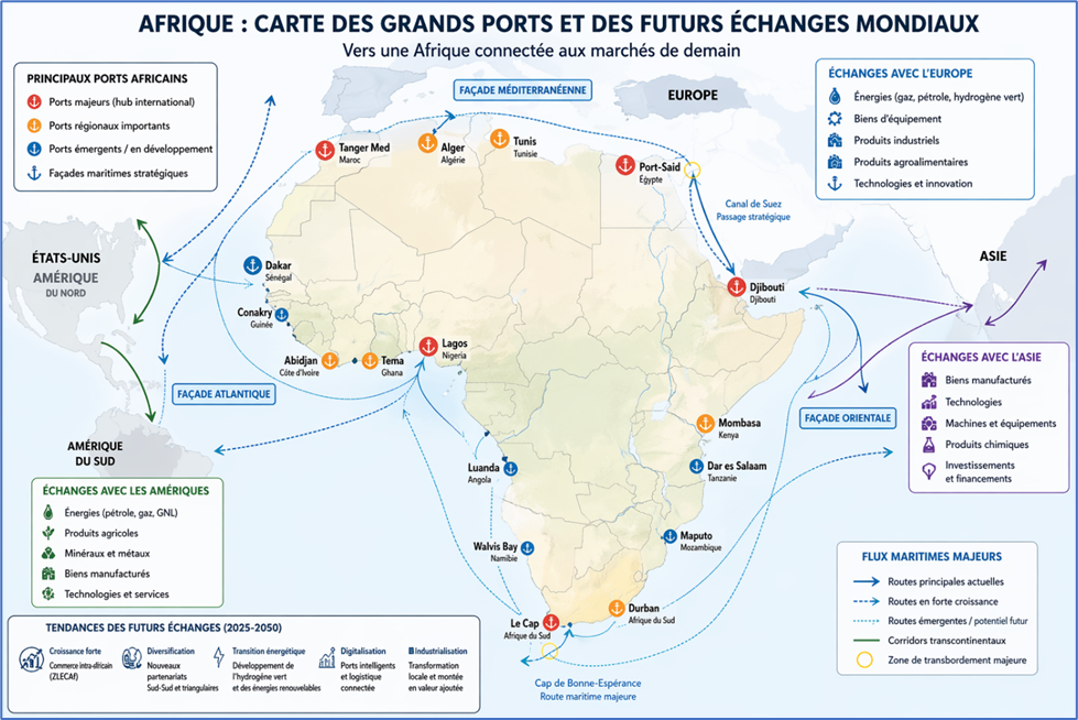 Afrique : Carte des grands port et des futurs échanges mondiaux