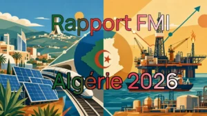 Rapport FMI Algérie 2026. Illustration séparée en 2 parties : d'un côté les hydrocarbures et de l'autre les énergies renouvelables